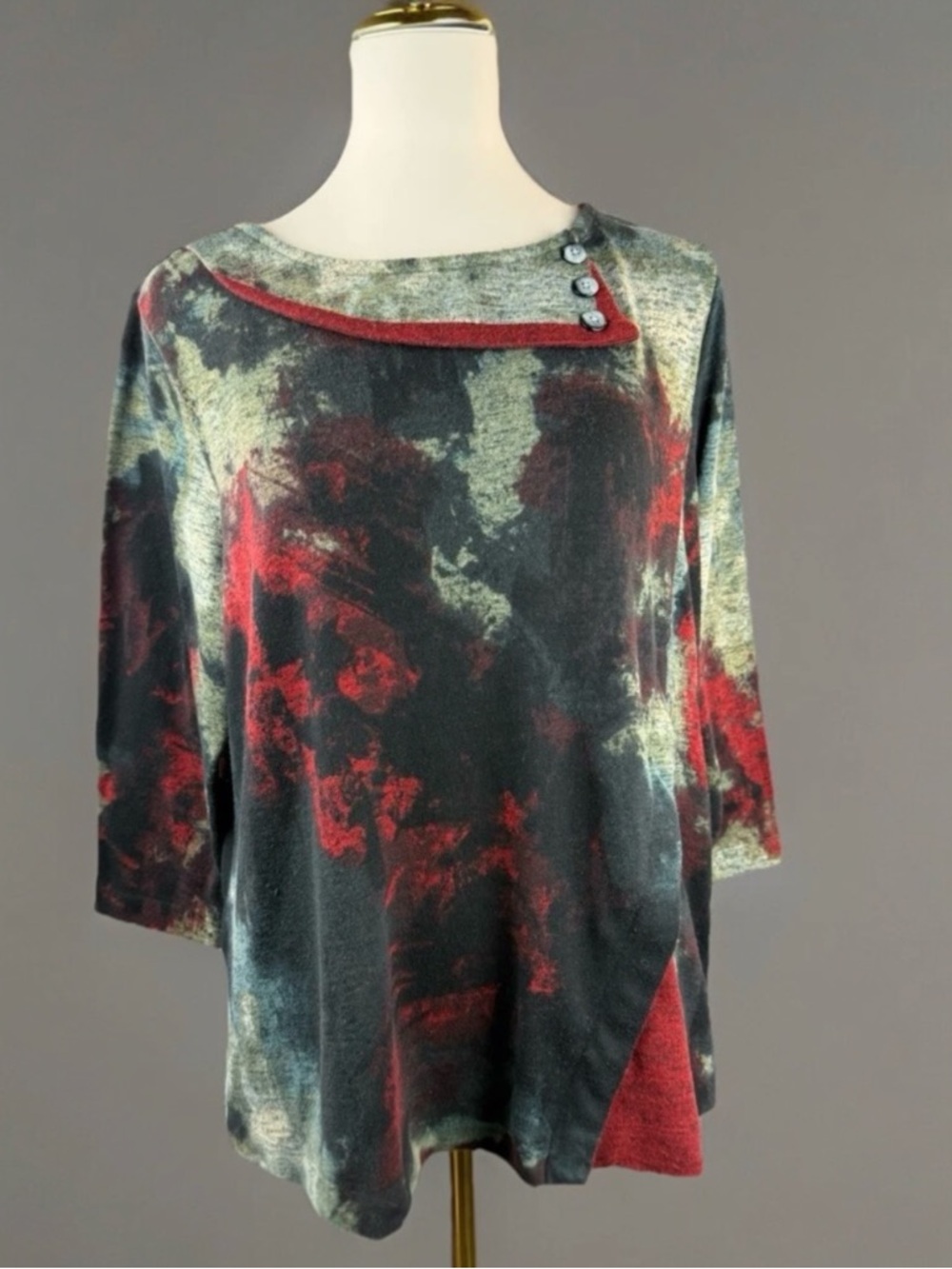 Ali Miles Abstract Tie-Dye Long Sleeve Top in Red, Black, Cream Large Petite